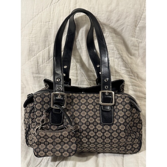 Nine West Handbags - Nine West Geometric Print Satchel Shoulder Bag Black Tan with Coin Pouch Large